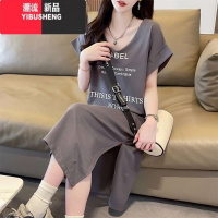 YIBUSHENGU领大码短袖女t恤季连衣裙字母韩版慵懒松弛感休闲长款开叉上衣