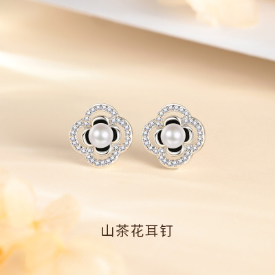 S999纯银山茶花珍珠耳钉女法式轻奢复古简约花朵微镶锆石耳饰批发送女朋友老婆情人节七夕生日礼物