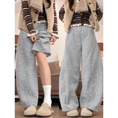 雪尼尔阔腿裤女新款秋冬季白色加绒加厚小个子直筒毛呢裤_682_924