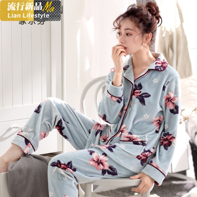 恋名媛睡衣女秋冬季法兰绒加绒保暖不加厚珊瑚绒春秋薄款海岛绒妈妈套装睡衣