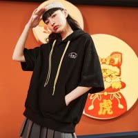 [1.5折价71.9元叠加优惠券]唐狮夏装新款连帽半袖卫衣女国潮黑色短袖韩版宽松上衣女潮酷
