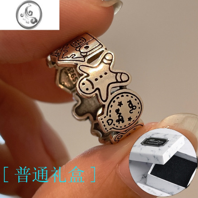 JiMiS925银涂鸦姜饼人开口戒指女ins小众设计感时尚个性2022年新款夏