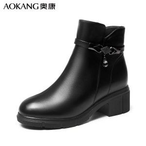 奥康女靴冬季加绒保暖休闲直筒靴牛皮高帮粗跟马丁靴女英伦复古短靴