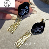 JiMi晚塘月色◆新中式复古风金属流苏耳环黑色竹高级感气质耳夹女E189