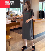 YIBUSHENG短袖t恤开叉连衣裙女季中长款过膝休闲长裙子大码减龄衣服