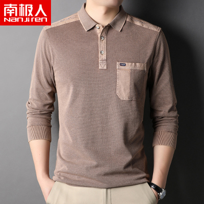 南极人男长袖t恤翻领真口袋棉布打底衫宽松透气水洗棉polo衫秋季