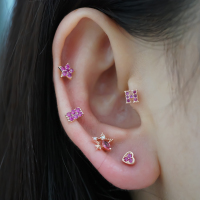 韩国进口耳钉玫瑰红小巧方形三角几何彩色锆石小众耳蜗钉旋转送女朋友老婆情人节七夕生日礼物