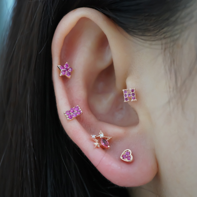 韩国进口耳钉玫瑰红小巧方形三角几何彩色锆石小众耳蜗钉旋转送女朋友老婆情人节七夕生日礼物