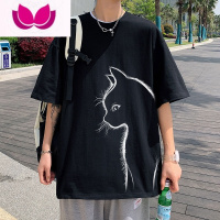 七斓圆领短袖T恤男日系复古潮流百搭bf港风宽松猫咪半袖学生夏季体恤A