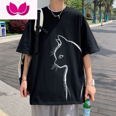 七斓圆领短袖T恤男日系复古潮流百搭bf港风宽松猫咪半袖学生夏季体恤A