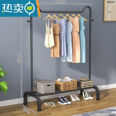 敬平衣架落地立式挂衣架卧室晾衣架家用简易单杆衣帽架衣架杆衣服挂架 110cm猫耳尊贵黑[双挂钩+置物架]