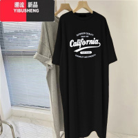 YIBUSHENG新款咖色短袖t恤裙韩版宽松大码中长款过膝长裙连衣裙女潮