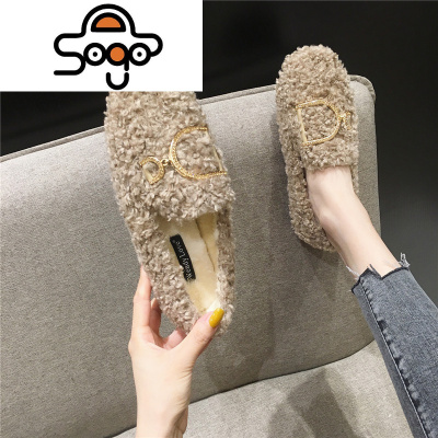 七色王国毛毛鞋女冬外穿秋新款加绒保暖棉鞋时尚卷毛大码套脚平底豆豆鞋潮休闲鞋