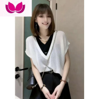 七斓V领假拼色冰丝薄款针织衫女2023夏季新款宽松显瘦百搭T恤上衣