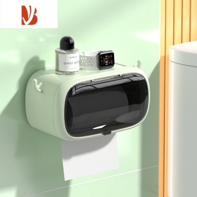 三维工匠卫生间纸巾盒壁挂式防水厕纸盒免打孔抽纸盒厕所卫生纸卷纸置物架 草绿色+不锈钢卷轴+3组可变换耳朵