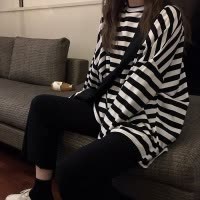 秋装年新款原宿风ins潮黑白条纹初秋宽松长袖T恤女学生上衣