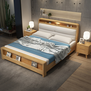 欧梵森 北欧橡胶木主卧床1.5米床双人床实木床日式家用夜灯储物床软包床现代简约小户型婚床套装组合卧室家具床