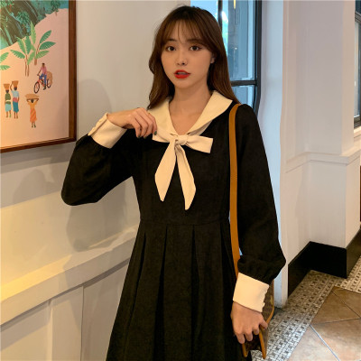暖青汇复古裙甜美蝴蝶结长裙女秋冬大码胖mm修身显瘦灯芯绒连衣裙大码女装