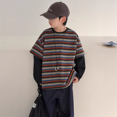 男童卫衣春季2026春秋新款大童春装条纹内搭潮童装儿童假两件上衣