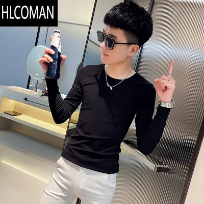 HLCOMAN款t恤男长袖紧身弹力打底衫2025新款痞帅潮牌体恤内搭上衣服