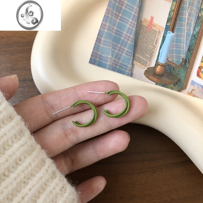 JiMi简约小巧绿色c形耳钉女百搭韩国气质耳圈耳环森系高级大气耳饰潮