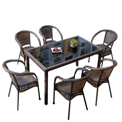 晋舰 藤椅阳台桌椅庭院藤编椅子花园茶几藤椅组合 6椅+90*150直角桌