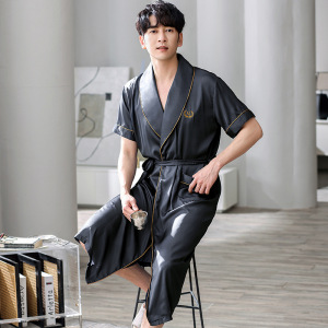 冰丝男士睡袍夏季薄款短袖仿真丝绸睡衣加大码宽松家居服浴袍晨袍