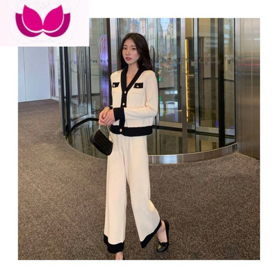 七斓小香风小个子套装女2023年春季新款时尚职业针织阔腿裤套网红