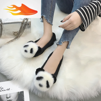 FISHBASKET加绒浅口鞋平底防滑熊猫头毛毛鞋特大号4041424344休闲鞋