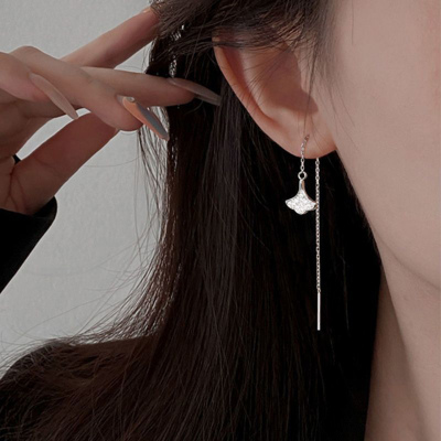 s925银针银杏叶耳线女小众设计精致镶钻耳环显瘦长款气质耳链耳饰送女朋友老婆情人节七夕生日礼物
