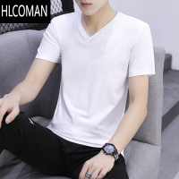 HLCOMAN男士短袖t恤潮流夏季上衣服V领纯色白体恤打底衫长袖潮牌男装