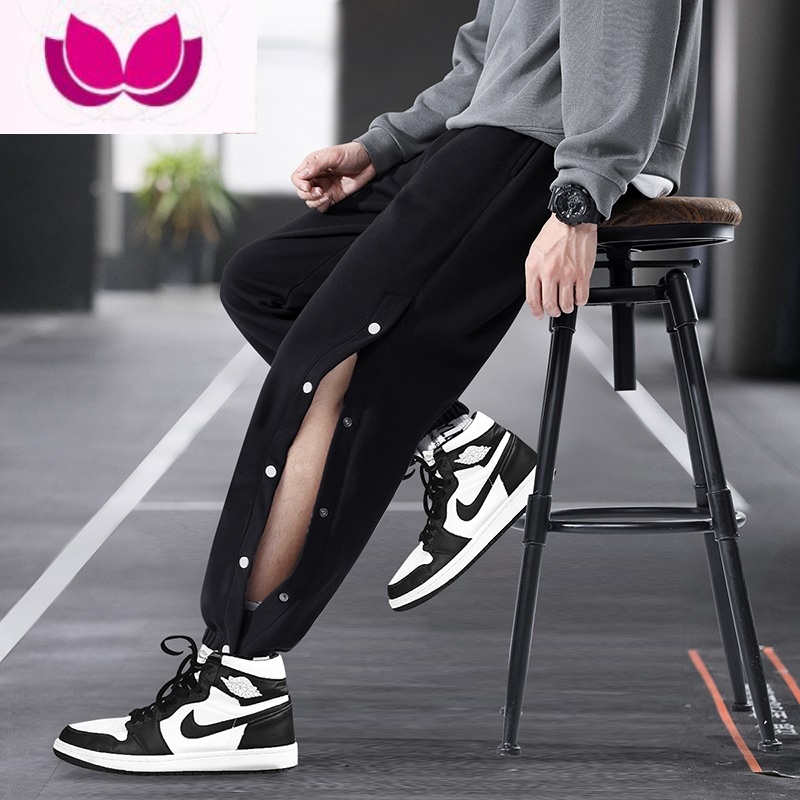 七斓男士春季排扣宽松阔腿休闲束脚全开扣篮球运动裤长裤子薄款