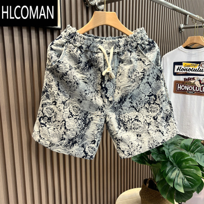 HLCOMAN夏季新款设计感花卉牛仔短裤男时尚百搭宽松青花瓷五分裤休闲裤子