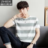 SUNTEK男士短袖t恤白色条纹打底衫圆领半袖体恤潮流青少年上衣服海魂衫CT恤