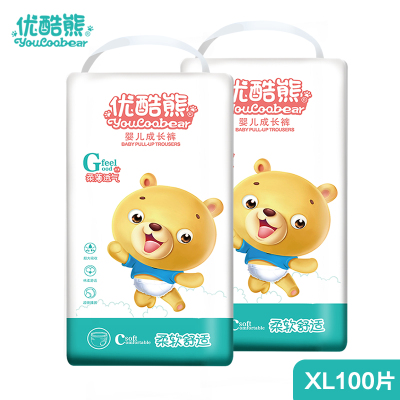 优酷熊婴儿拉拉裤成长裤XL码100片（10kg-14kg）加大码MLXXLXXXL儿童学步裤男女宝宝尿不湿柔薄透气