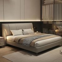 意式极简真皮床简约卧室1.8x2米双人床软靠包可储物带灯1.5米婚床