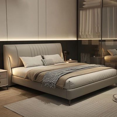 意式极简真皮床简约卧室1.8x2米双人床软靠包可储物带灯1.5米婚床