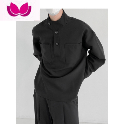 七斓黑色半高领衬衫男小众设计感韩版ins高级感潮痞帅轻熟风长袖衬衣