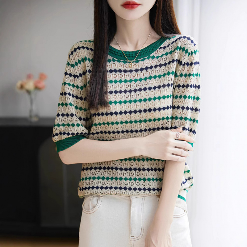 莱赛尔天丝条纹针织短袖T恤女夏季薄款撞色圆领上衣优雅气质女装