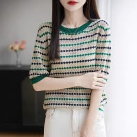 莱赛尔天丝条纹针织短袖T恤女夏季薄款撞色圆领上衣优雅气质女装