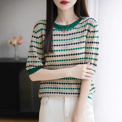 莱赛尔天丝条纹针织短袖T恤女夏季薄款撞色圆领上衣优雅气质女装