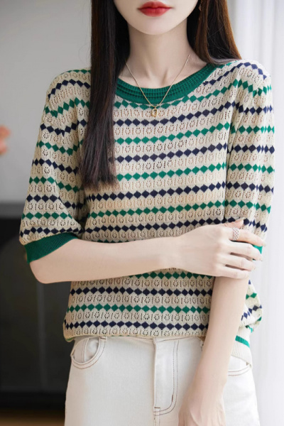 莱赛尔天丝条纹针织短袖T恤女夏季薄款撞色圆领上衣优雅气质女装