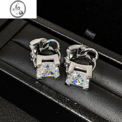 JiMi欧美ins银色方形锆石耳扣女小众设计感高级重工简约百搭耳环耳饰