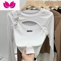 七斓时髦时尚洋气性感短款镂空小上衣设计感打底衫女内搭长袖t恤