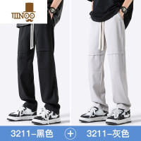 YANXU黑色裤子男款夏季潮牌美式高街运动卫裤冰丝薄款宽松直筒休闲长裤