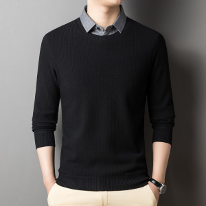 男装假两件毛衣男衬衫领秋冬新款时尚男士针织打底衫潮