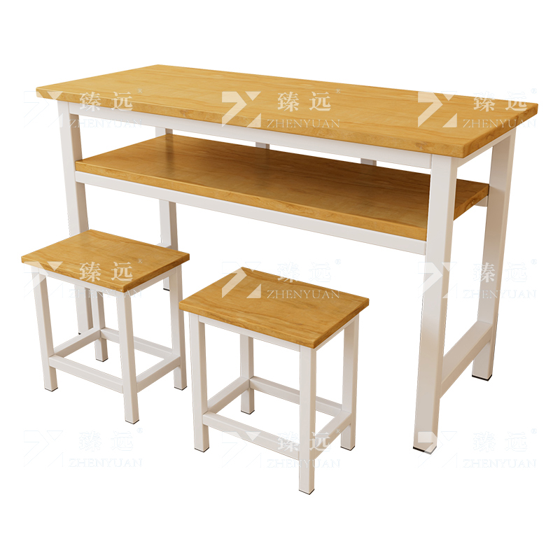 臻远ZY4082137 学生课桌椅双层带抽屉培训班学习桌学校辅导班教室双人桌 胡桃色含凳子+白架1200*400*800