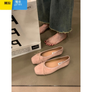 聚范法式平底绒面芭蕾舞单鞋女鞋子2024新款蝴蝶结红色晚晚鞋