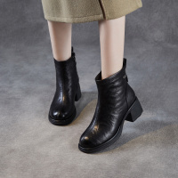 轻奢真羊皮马丁靴女新款秋冬黑色靴子复古厚底粗跟法式短靴女