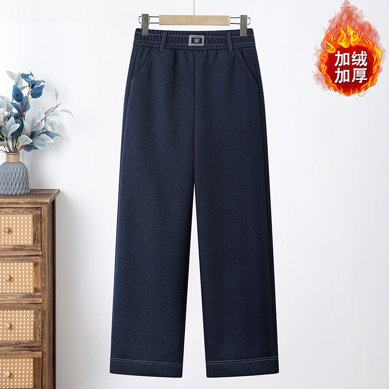 妈妈冬装加绒加厚休闲牛仔裤今年流行的中老年女装松紧腰保暖裤子